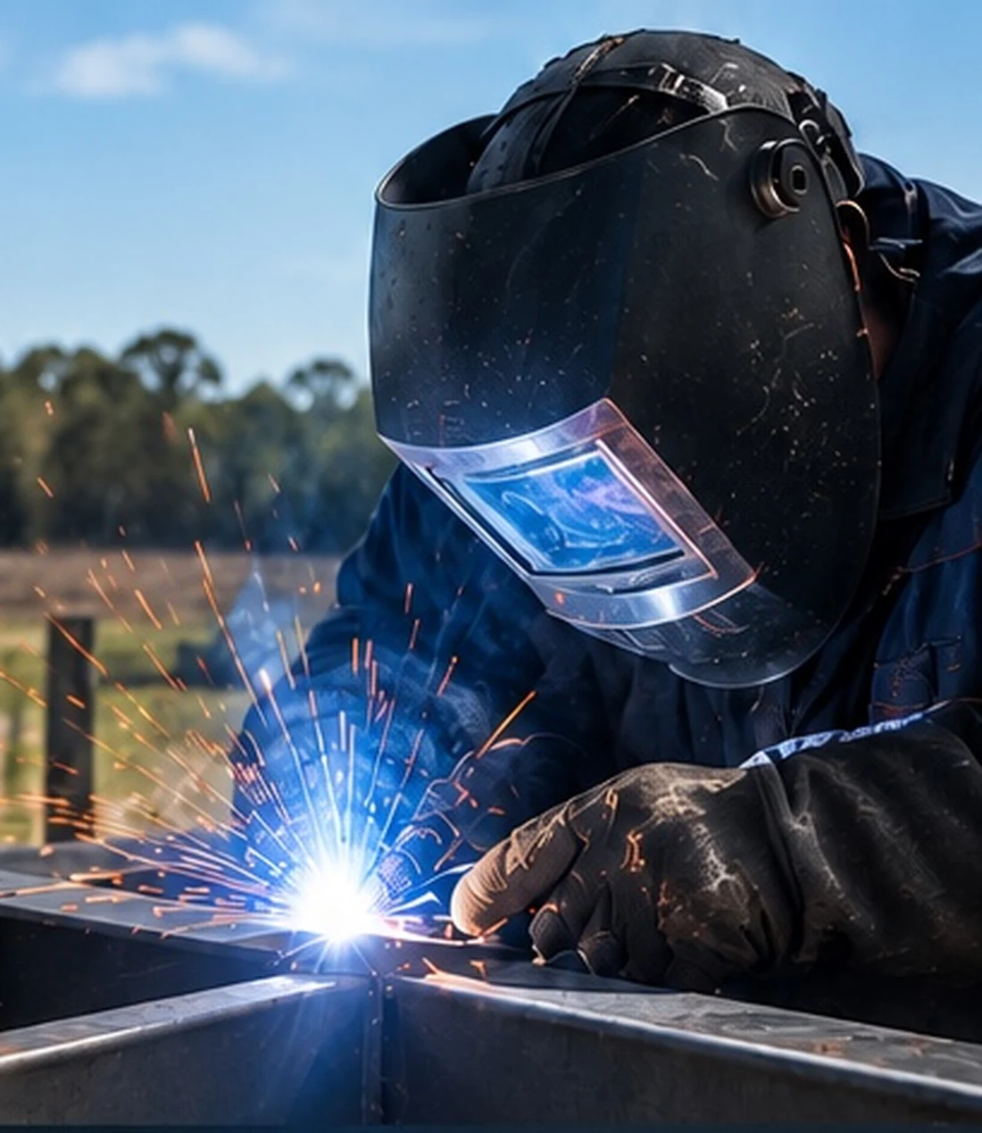 Welder working with steel and bright welding sparks